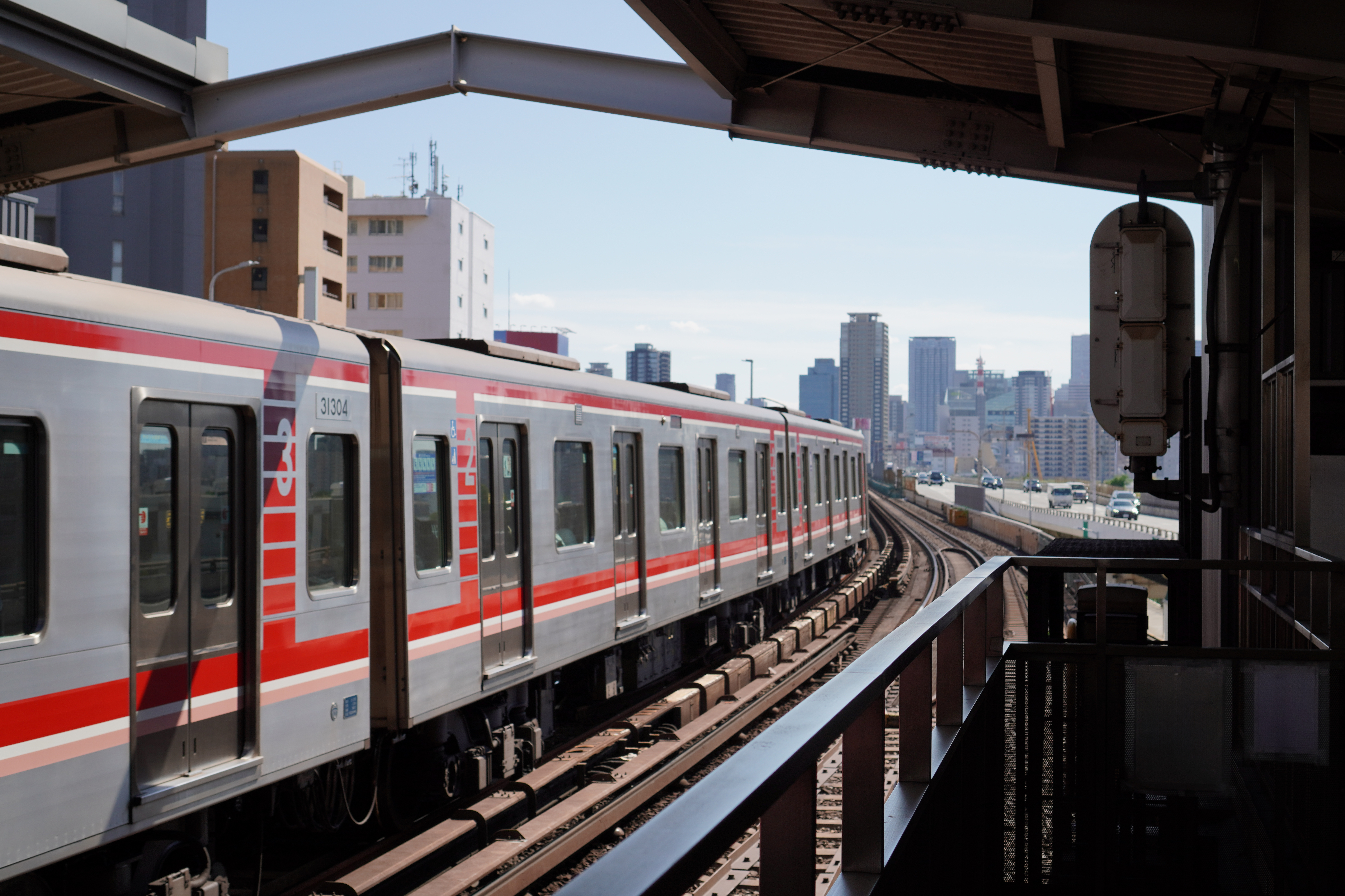 A train travelling through Osaka in Japan