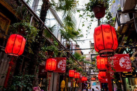 Traditional Vibrant Red Chinese Decoration in the streets of Shangai, China