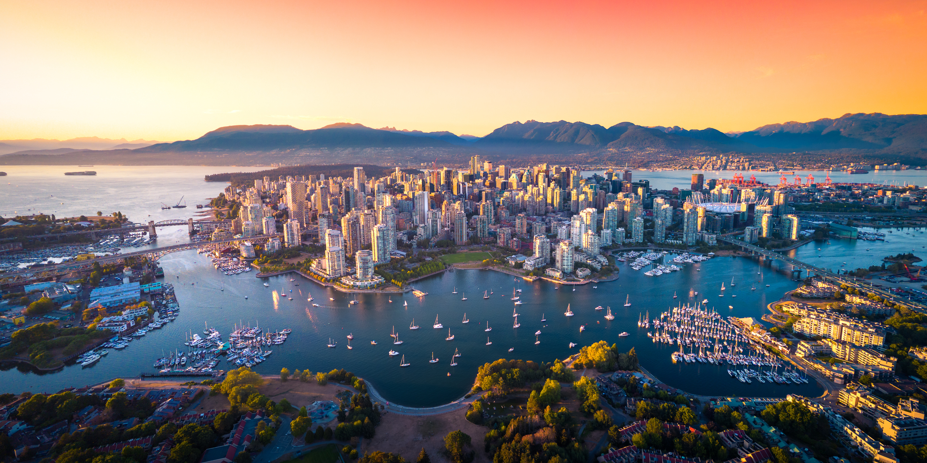 Aerial view of downtown Vancouver skyline, British Columbia, Canada at sunset