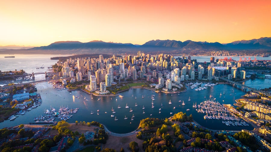 Aerial view of downtown Vancouver skyline, British Columbia, Canada at sunset