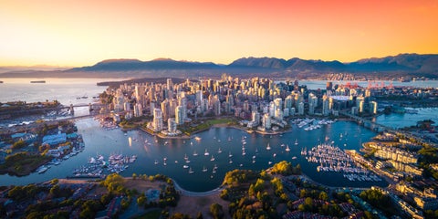 Aerial view of downtown Vancouver skyline, British Columbia, Canada at sunset
