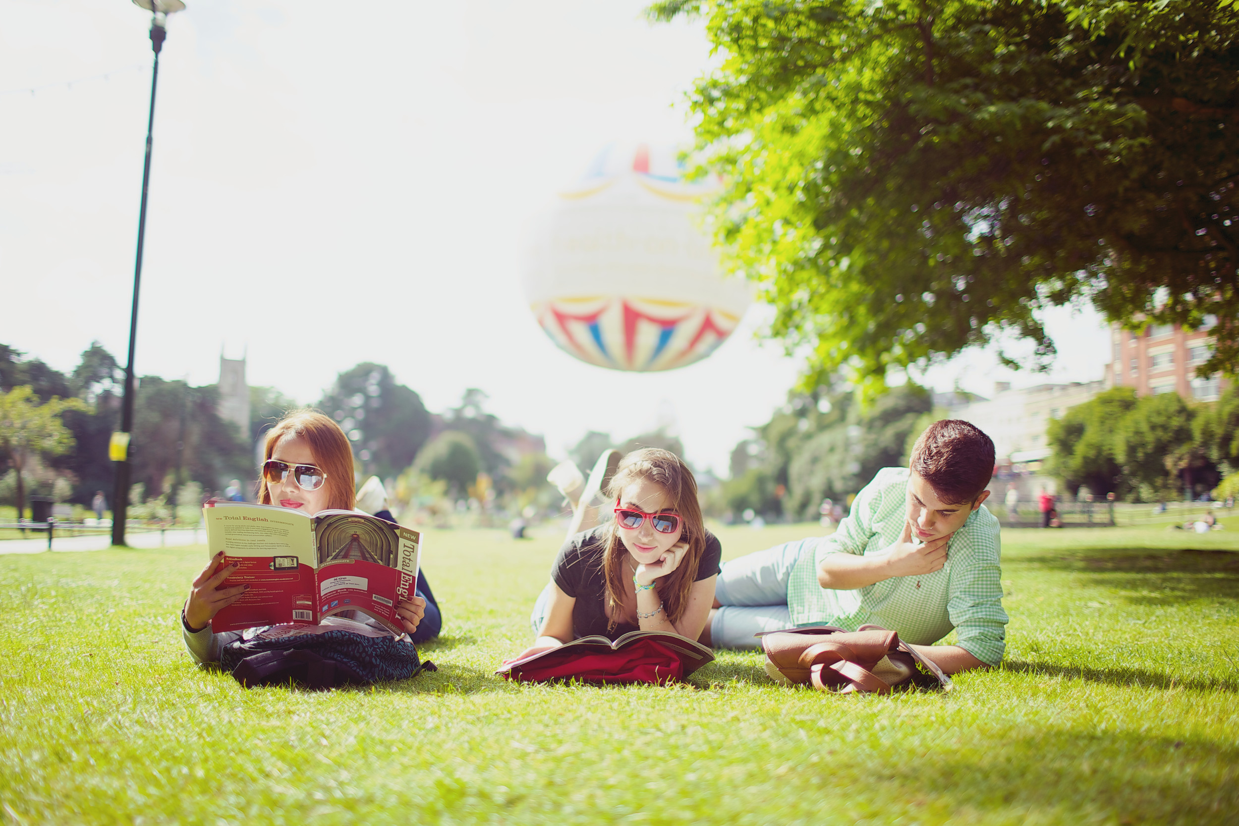Three students studying in a park