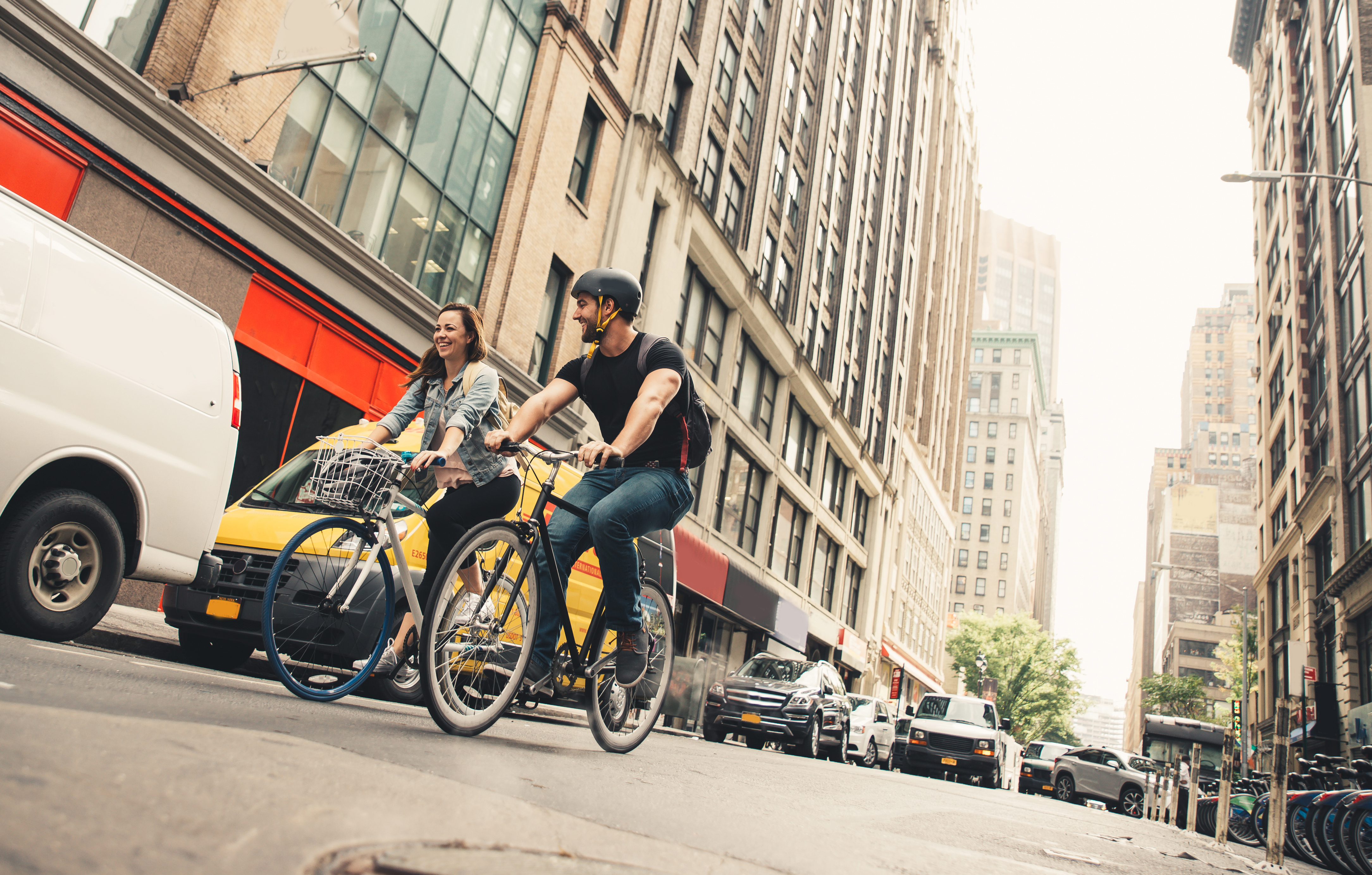 Students riding bikes on the streets of Manhattan, New York City