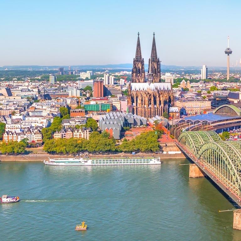 Aerial panorama of the Hohenzollern bridge over Rhine river in Cologne, Germany