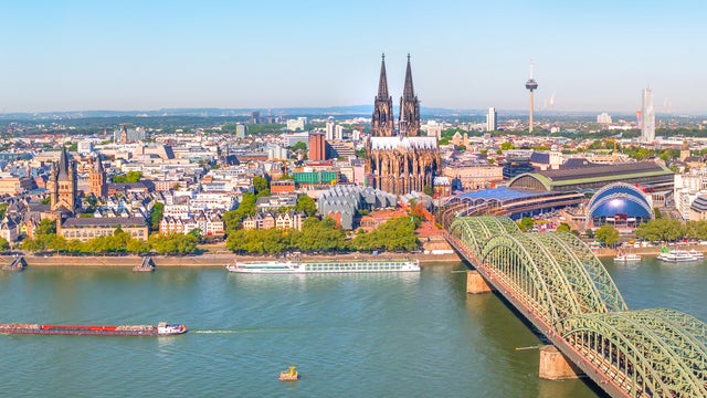 Aerial panorama of the Hohenzollern bridge over Rhine river in Cologne, Germany