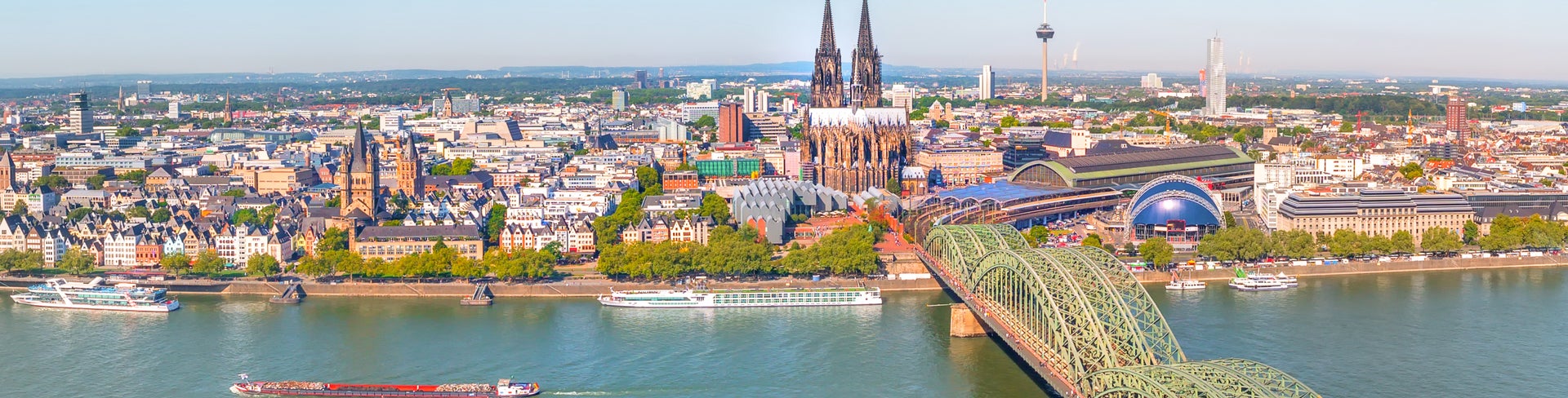 Aerial panorama of the Hohenzollern bridge over Rhine river in Cologne, Germany