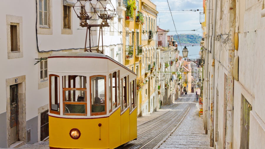 Lisbon's Gloria funicular connects downtown with Bairro Alto, Portugal