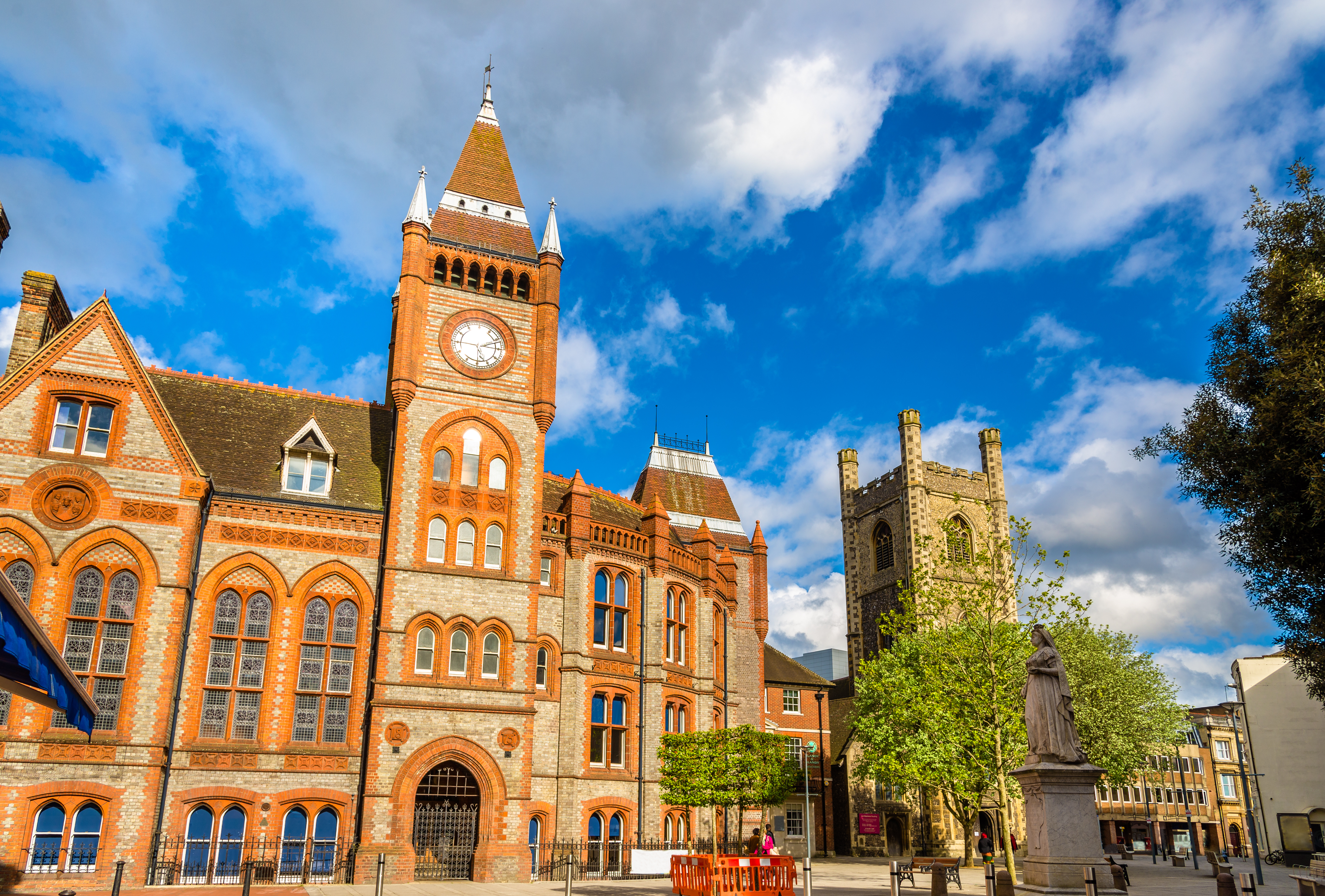 The historic clocktower of Reading Town Hall, a notable landmark in Reading, United Kingdom