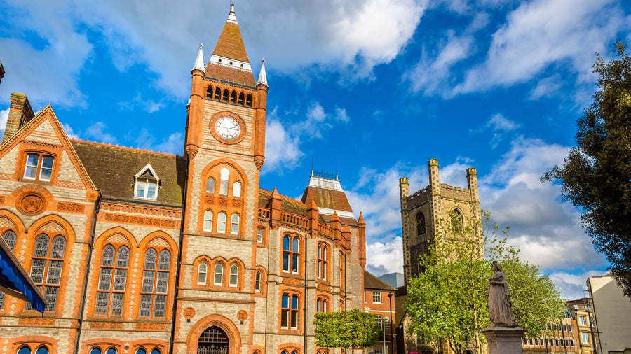 The historic clocktower of Reading Town Hall, a notable landmark in Reading, United Kingdom
