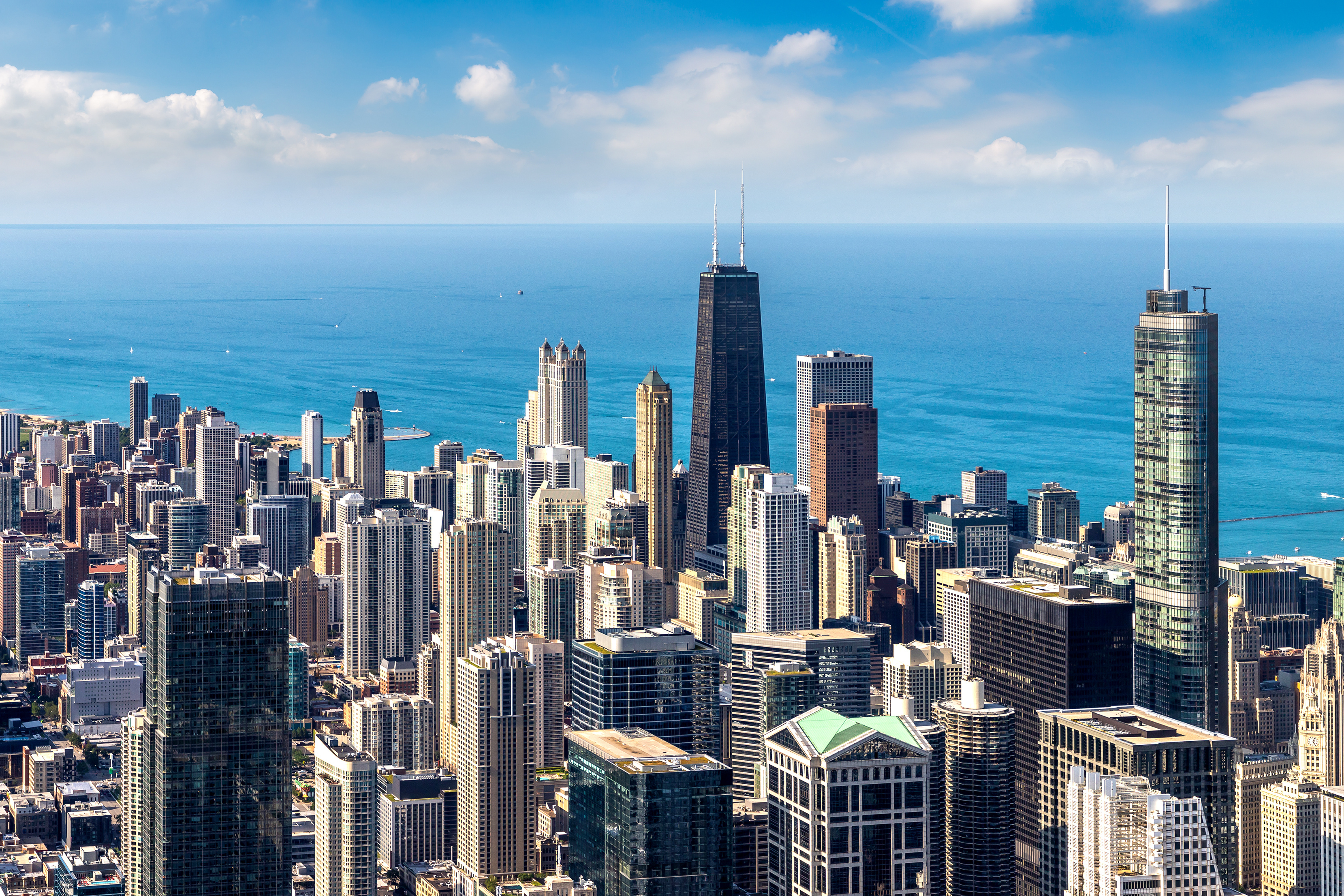 Aerial panorama of Chicago Illinois with Chicago River and iconic skyscrapers in the city skyline