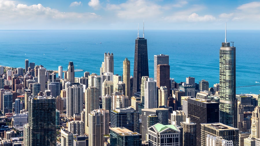 Aerial panorama of Chicago Illinois with Chicago River and iconic skyscrapers in the city skyline