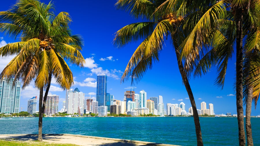 Miami Florida skyline with downtown skyscrapers and coastal view