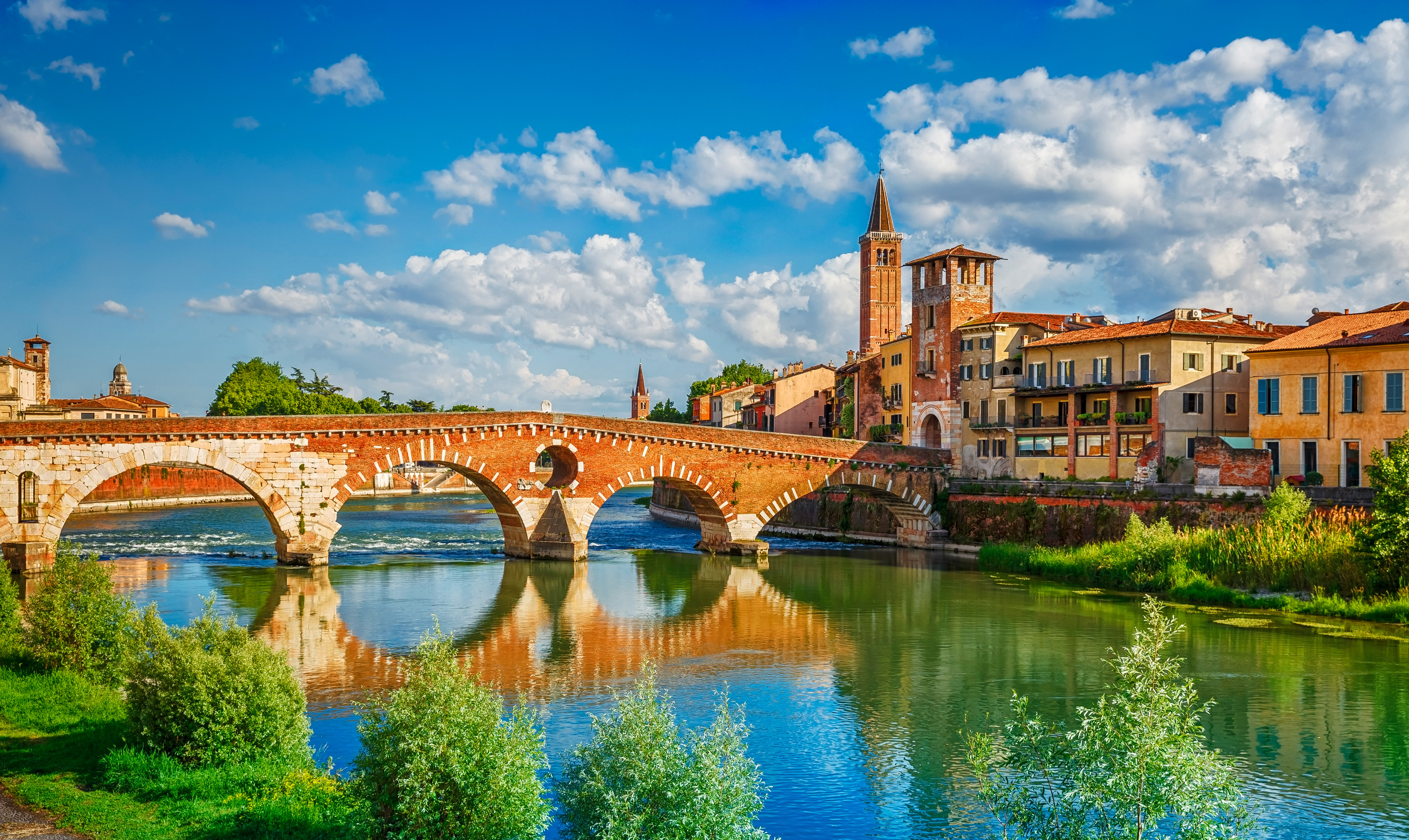 Verona Historic City Center featuring Ponte Pietra and Adige River in Italy