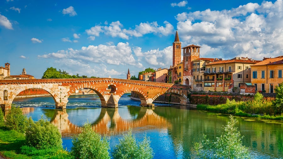 Verona Historic City Center featuring Ponte Pietra and Adige River in Italy