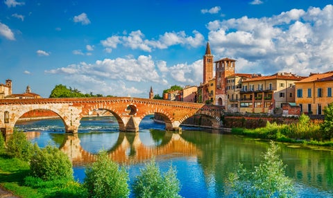 Verona Historic City Center featuring Ponte Pietra and Adige River in Italy