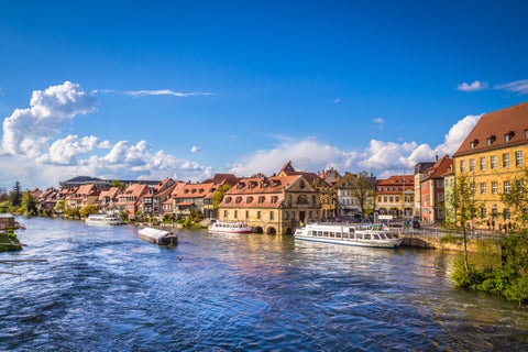 Boats in Regnitz River at Bamberg Historic City Center, Germany