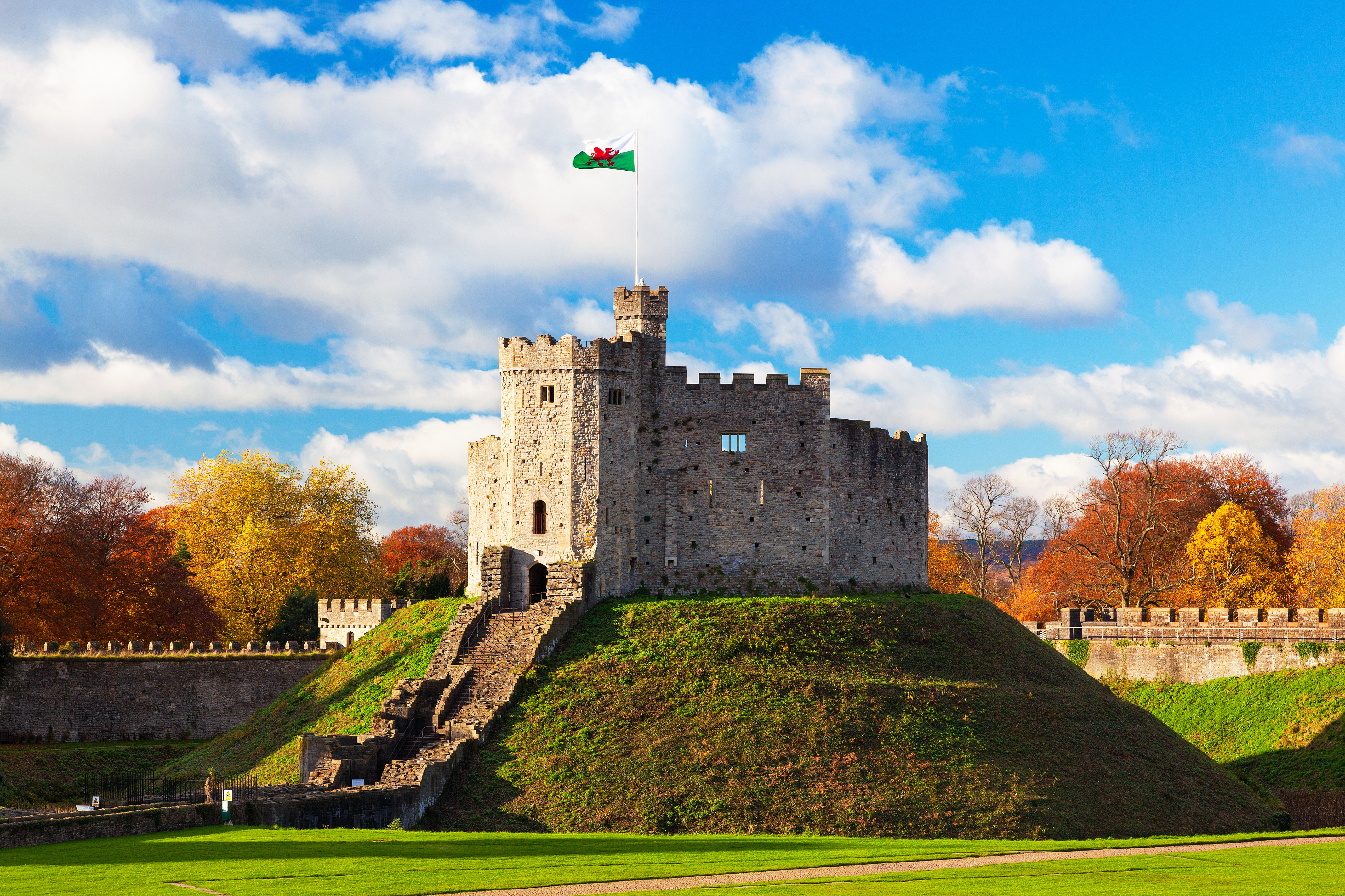 Cardiff Castle historic fortress with stone walls and clock tower, Cardiff Wales