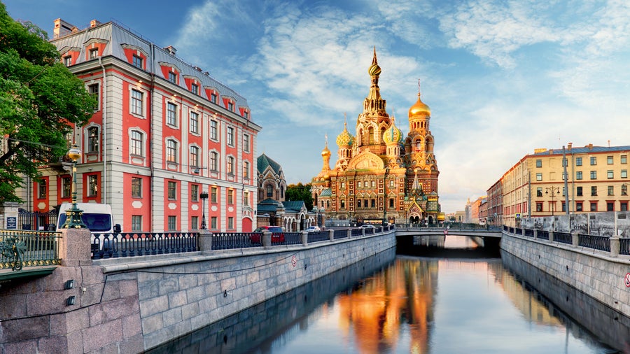 Colorful domes of the Church of the Savior on Spilled Blood by the Griboedov Canal in Saint Petersburg, Russia