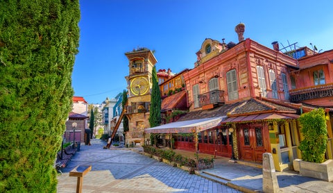 Gabriadze Clock Tower, also known as the Leaning Tower of Tbilisi, located on Shavteli Street in the city's Old Town, adjacent to the Rezo Gabriadze Marionette Theater