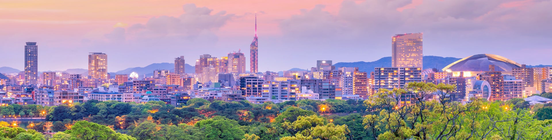 Panoramic view of Fukuoka skyline featuring Fukuoka Tower and Hakata Bay in Japan