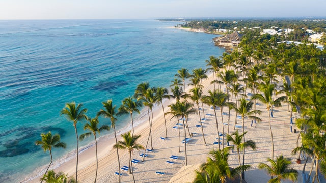 Aerial view of beautiful white sandy beach in Punta Cana, Dominican Republic
