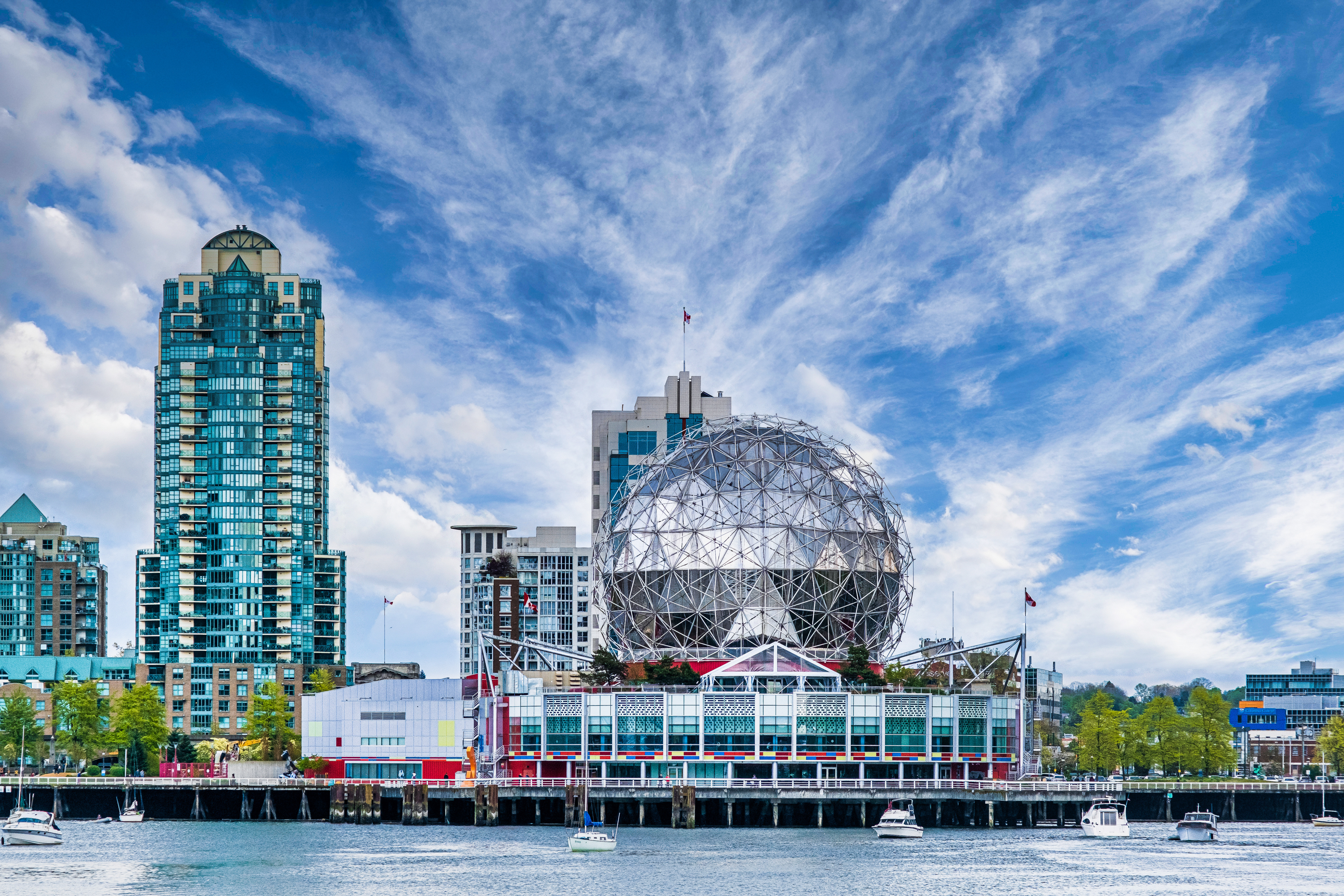 Science World on the waterfront along False Creek in Vancouver, Canada on a sunny day