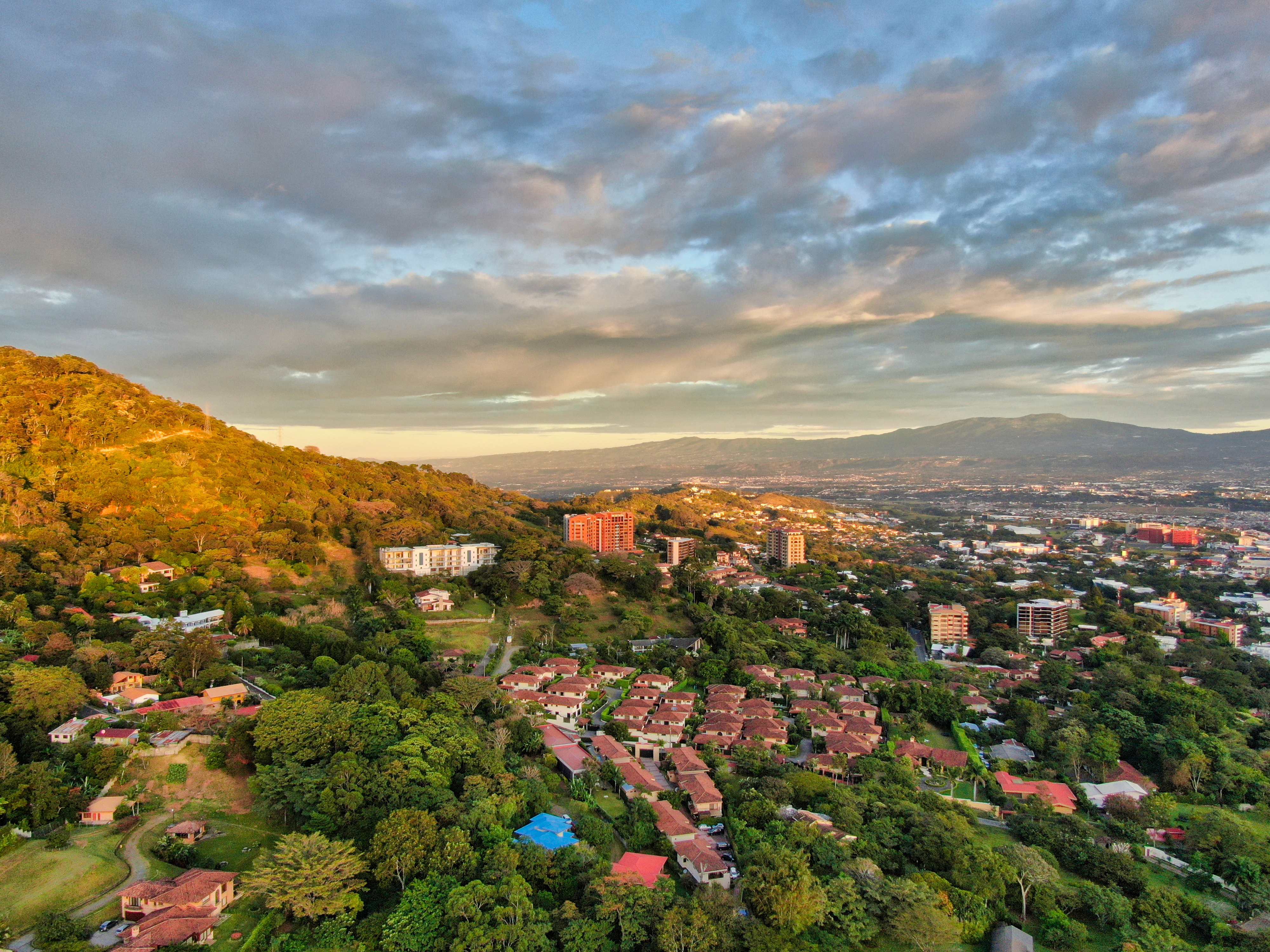 Aerial of San Rafael de Escazu, Costa Rica with the traditional Church and farmers market