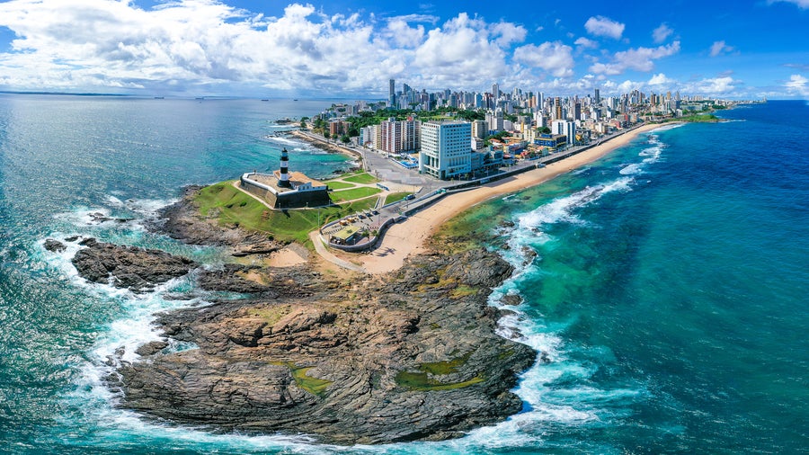 Aerial view of lighthouse in the tropical Salvador Bahia Brazil