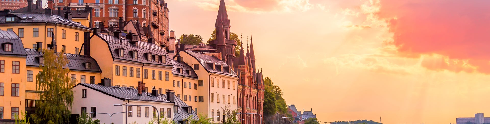 Scenic summer sunset view with colorful sky of the Old Town architecture in Sodermalm district in Stockholm, Sweden