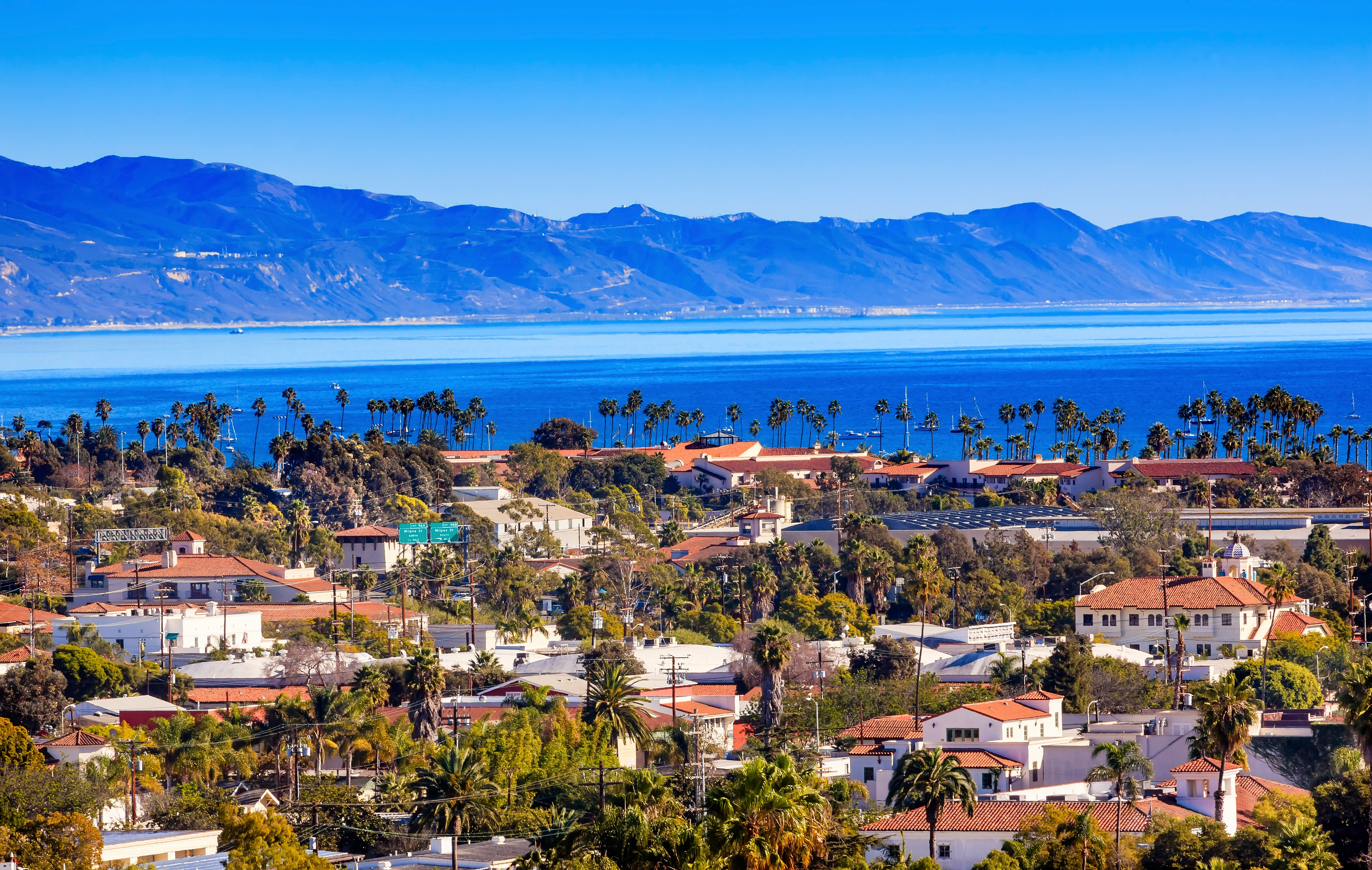 Santa Barbara view with traditional houses, palm trees, ocean, and Santa Ynez Mountains in the background