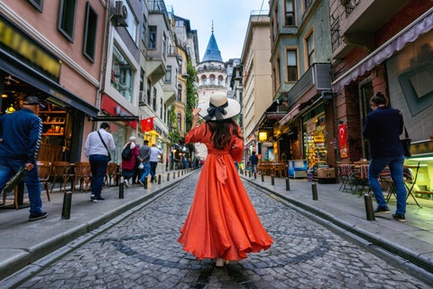Tourist at Istanbul Historic Center featuring Galata Tower, historic buildings in Turkey