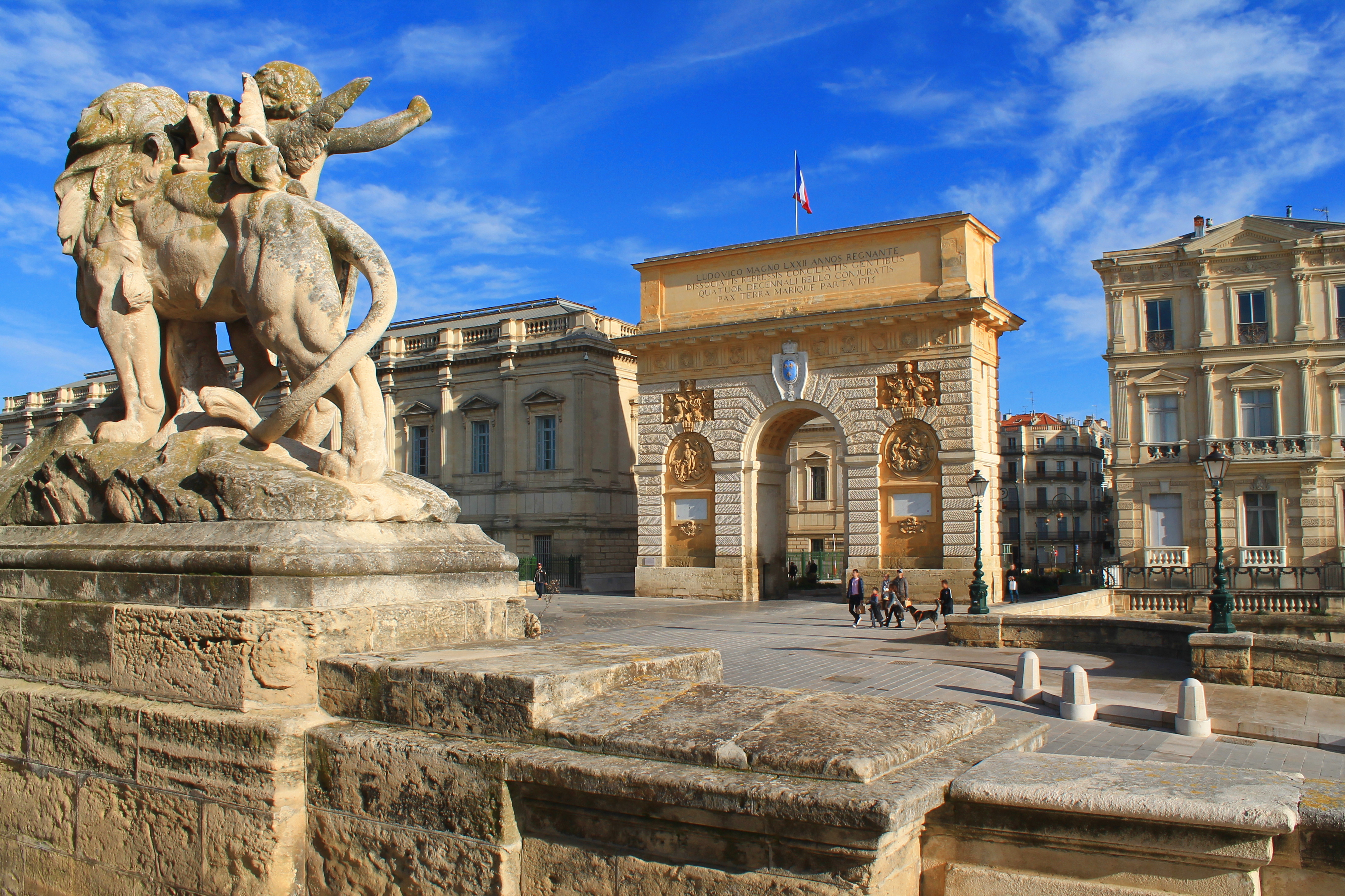 Historic Buildings and statues in City center of Montpellier, France