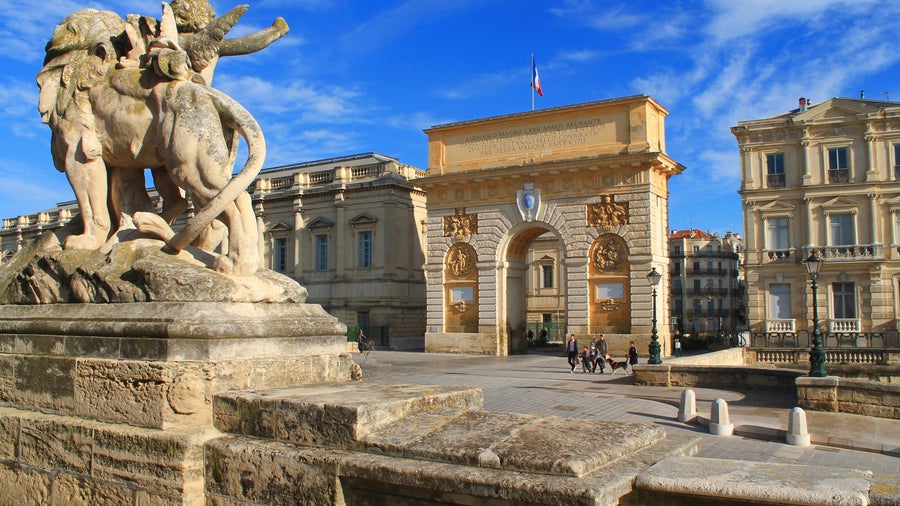Historic Buildings and statues in City center of Montpellier, France