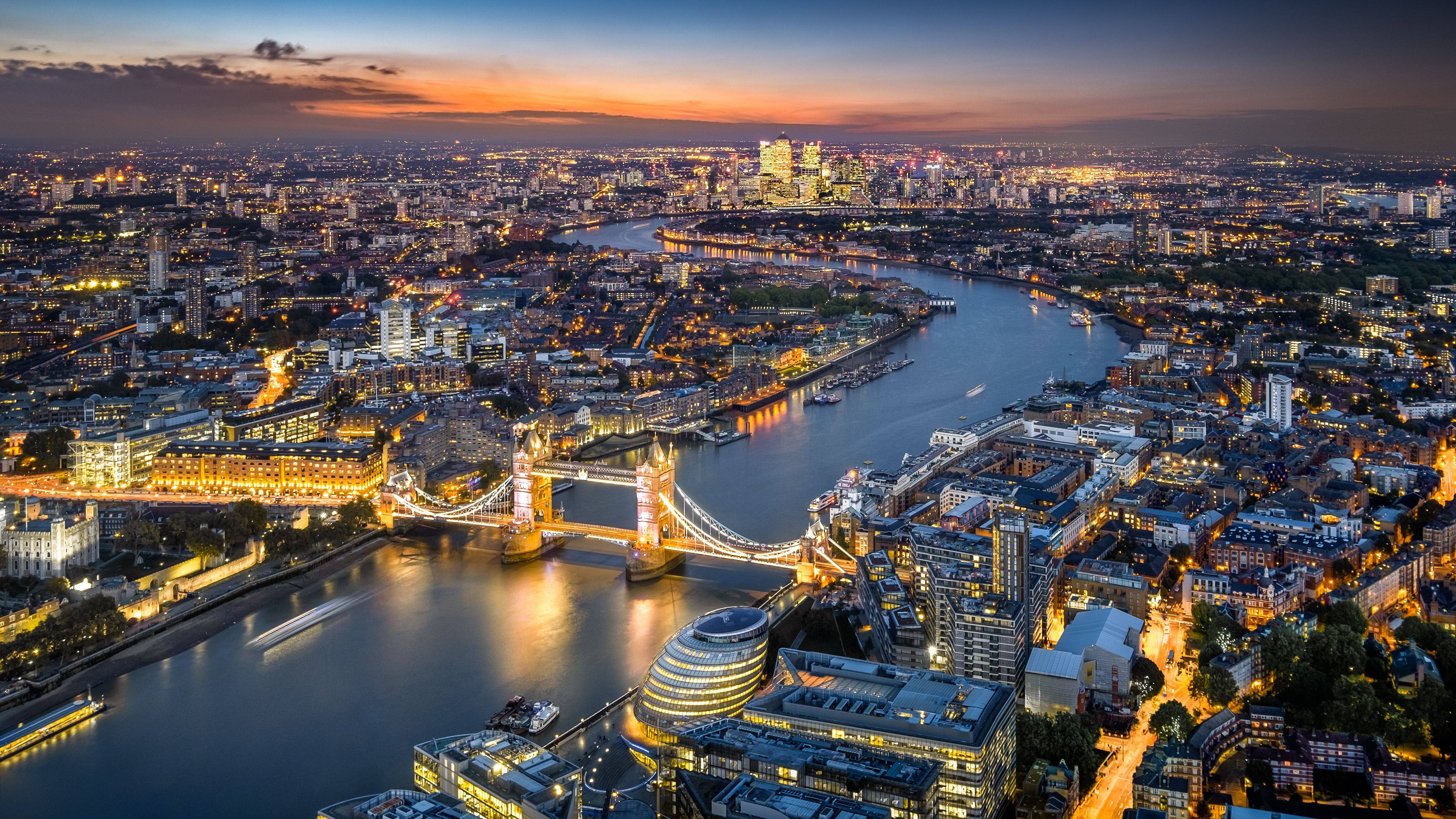 Aerial night view of London City with Tower Bridge and the River Thames