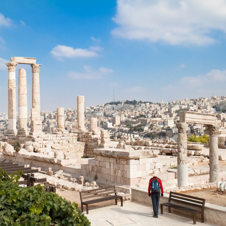 Roman ruins in the middle of the ancient citadel park in the center of Amman, Jordan