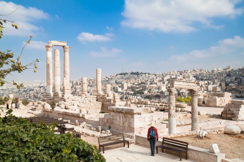Roman ruins in the middle of the ancient citadel park in the center of Amman, Jordan