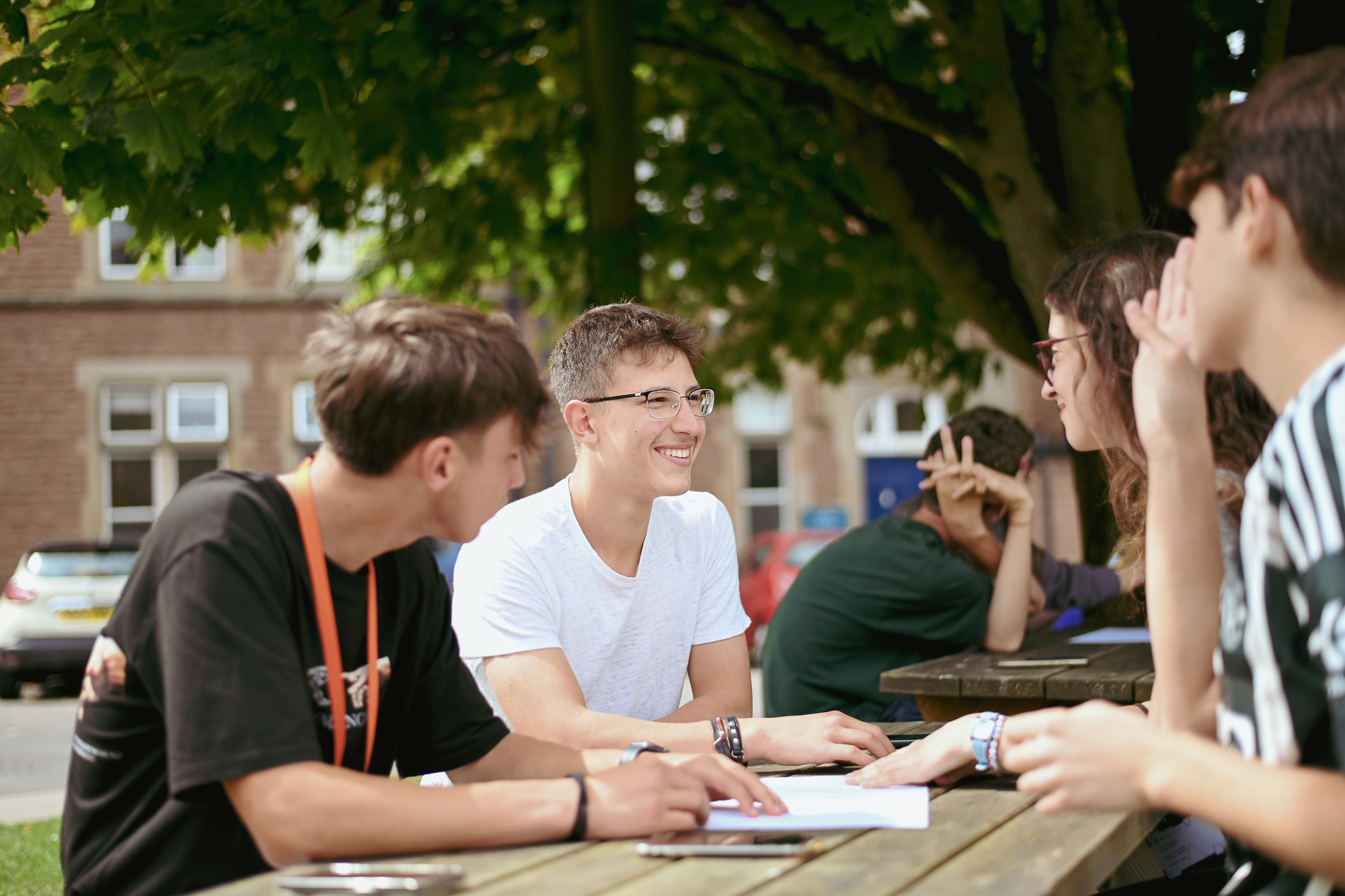 School exterior with students