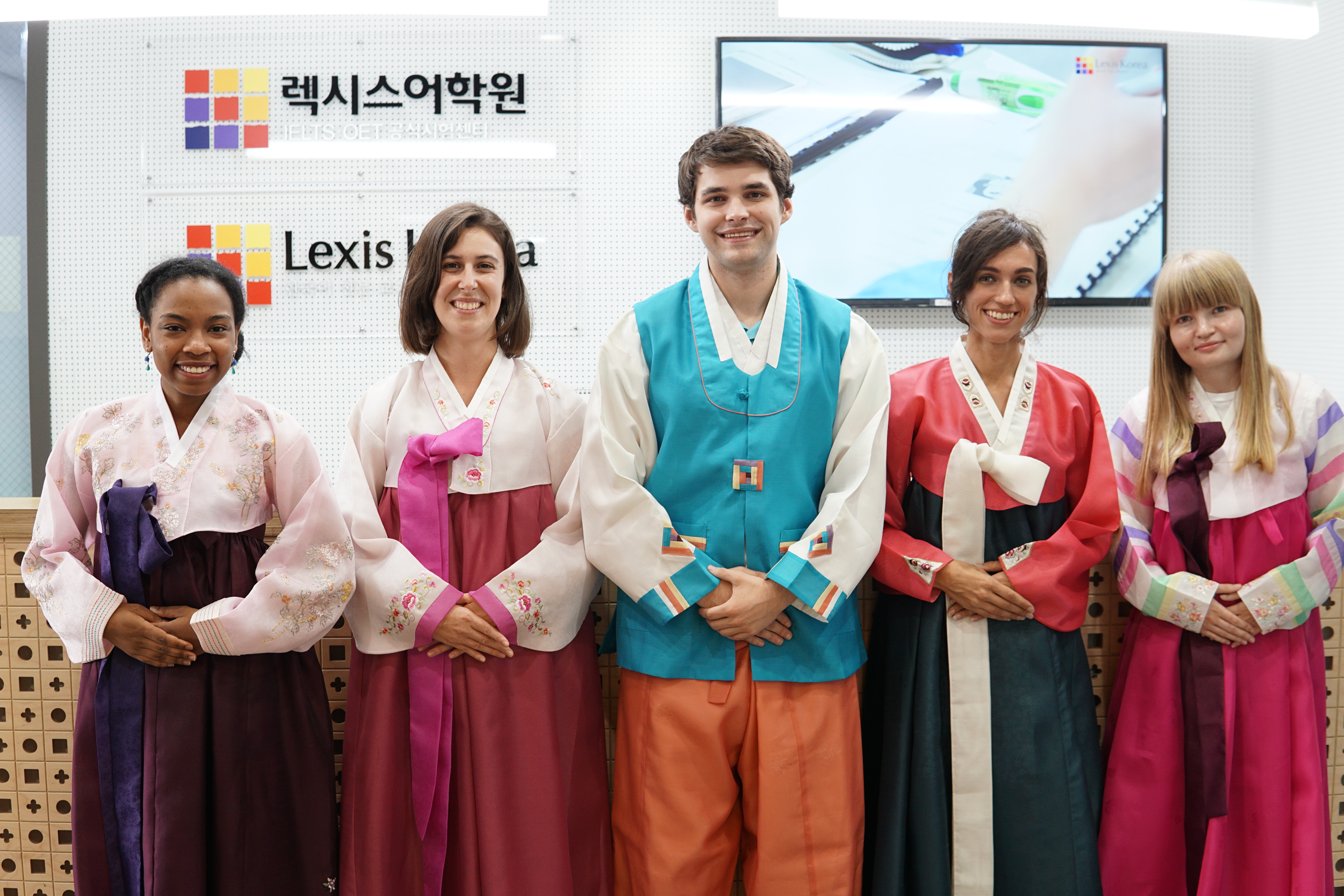Students wearing traditional Korean costumes