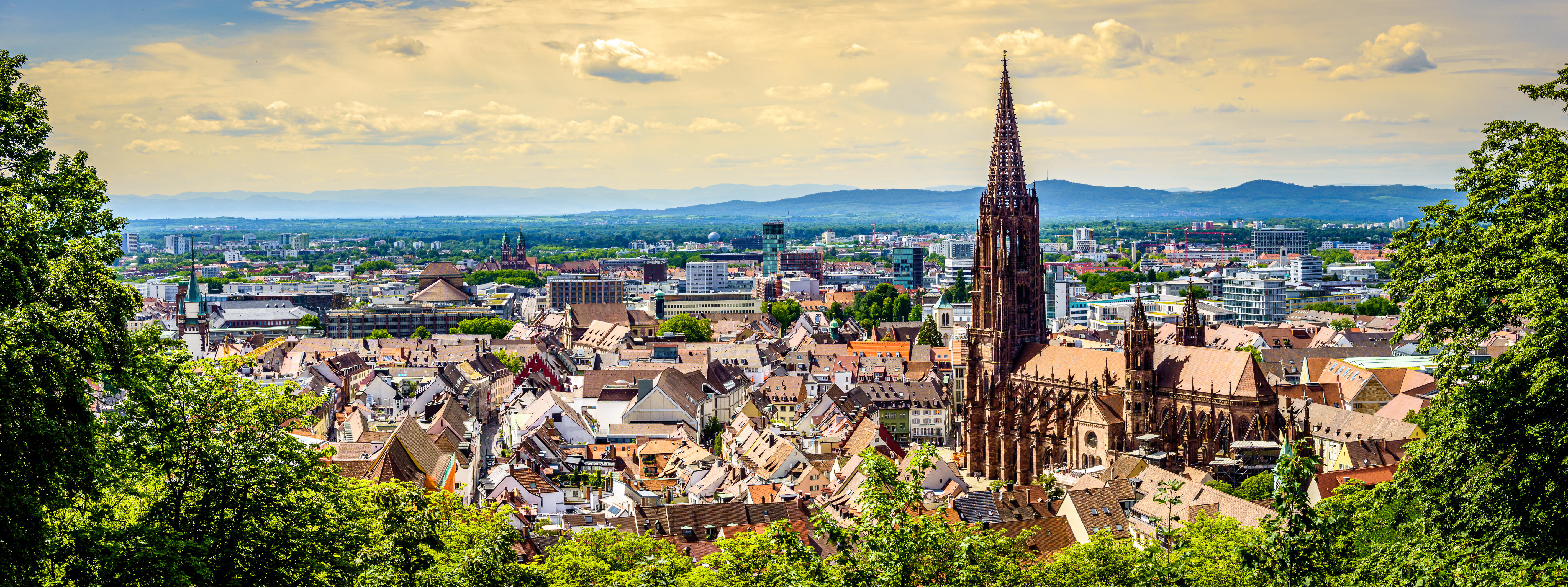 Aerial view of Freiburg Historic City Center featuring Freiburg Minster (Freiburger Münster) with it's  historical gothic architecture in Germany