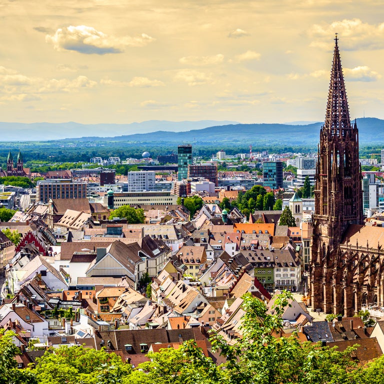 Aerial view of Freiburg Historic City Center featuring Freiburg Minster (Freiburger Münster) with it's  historical gothic architecture in Germany