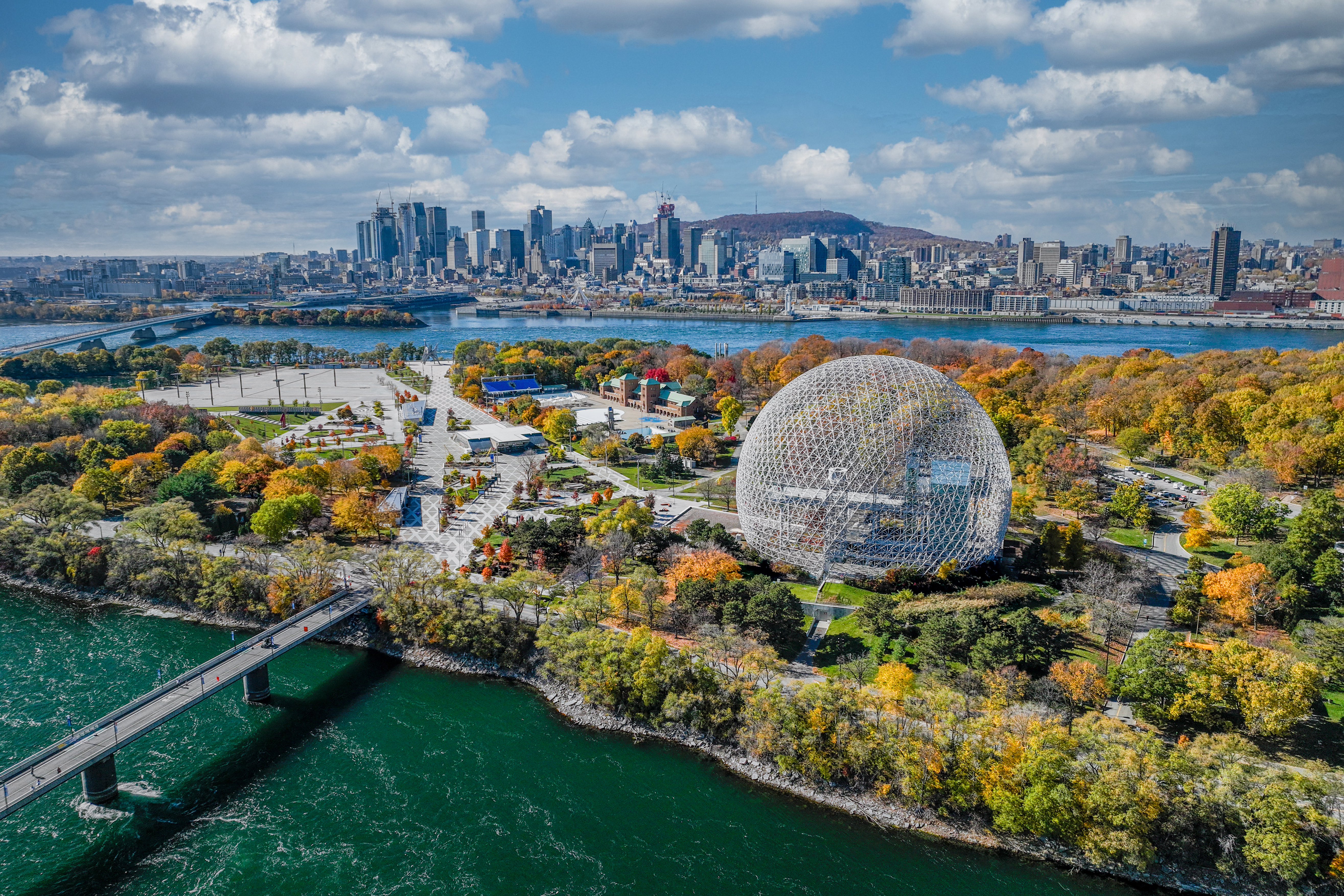 Mount Royal surrounded by lush greenery, while the St. Lawrence River in Montreal, Canada