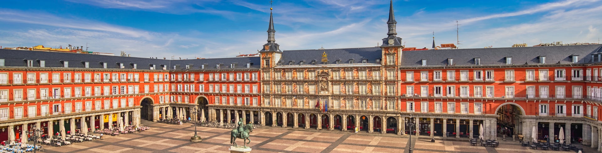 Plaza Mayor square in Madrid from above, highlighting the lively public square and classic architecture