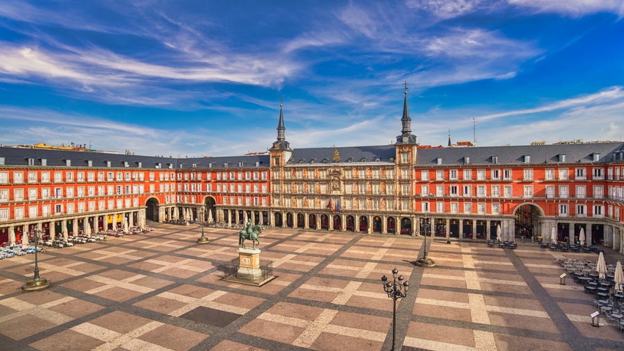 Plaza Mayor square in Madrid from above, highlighting the lively public square and classic architecture