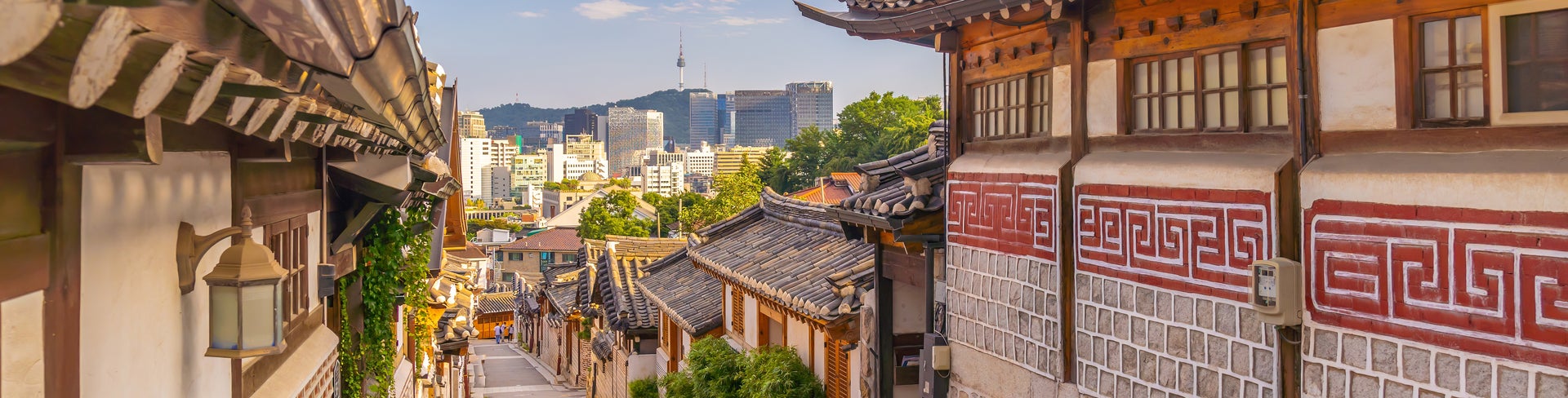 Bukchon Hanok Village with Seoul city skyline, cityscape South Korea