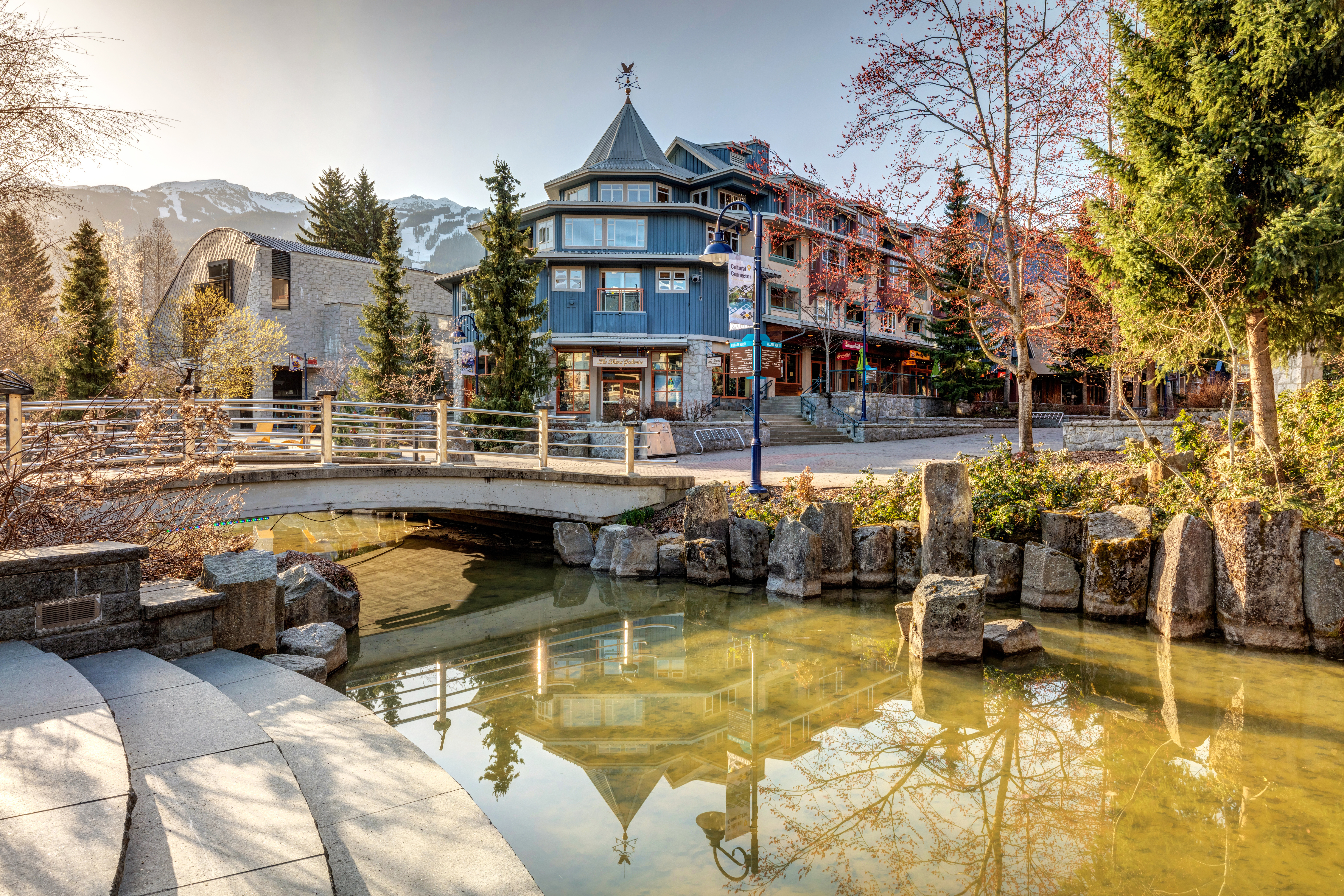 Whistler Village city center in Whistler, Canada, with alpine-style buildings and nearby Lost Lake surrounded by forested mountains