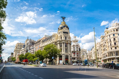 Metropolis Hotel in Madrid, Spain with its iconic ornate dome and classical architecture