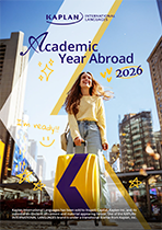 Kaplan International Languages Academic Year Abroad 2026 brochure cover featuring a smiling international student walking through a modern city street with shopping bags, promoting long-term study abroad, language learning, cultural immersion and international education opportunities.