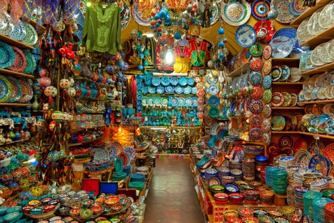 Colourful souvenir store in Istanbul, Turkey, filled with vibrant textiles, ceramics, and traditional crafts