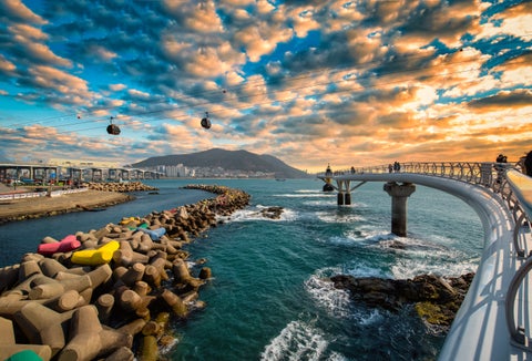 Busan city with Songdo Skywalk at sunset in Busan, South Gyeongsang Province, South Korea