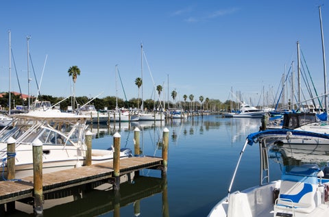 "Sailboats moored in Vinoy Basin near downtown St. Petersburg, Florida, on a sunny day